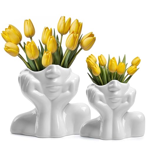 Winter Shore Jarrones Decorativos con Cara para Flores (Pack de 2) - Floreros Decorativos Ceramica Pequeños - Jarron Blanco para Flores y Hierba de la Pampa - Floreros Modernos Únicos para Ramos