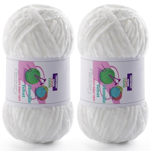 Image of Chenille Velvet Yarn for Crocheting, White Fuzzy Fluffy Yarn for Crochet