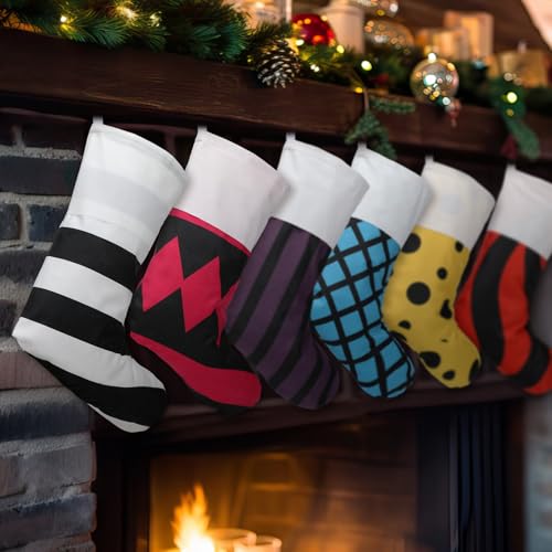 Croknit 6 Pack Christmas Black and White Stockings 16 Inch Xmas Red Yellow Colorful Stripe Dot Plaid Hanging Stockings Decoration for Christmas Tree Fireplace Family Holiday Decor