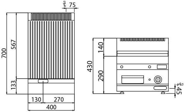 Detailed technical drawing illustrating side and front dimensions of the griddle unit.