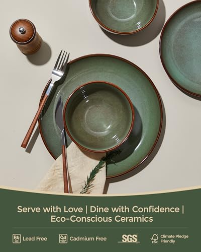 Image of Pokini 24 Piece Double Bowl Dinnerware Sets with Pasta Bowls, Highly Chip and Crack Resistant Plates and Bowls Sets, Natural Earthyware Ceramic Dishware Sets, Service for 6 Brown Green