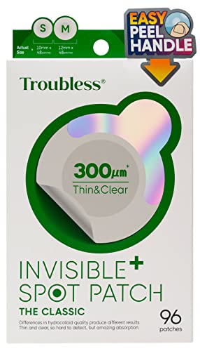 Troubless Invisible Pimple Spot Patch - Classic, Hydrocolloid Acne Patches for Face | Ultra Thin Acne Patches with Easy Peel Handle | Overnight Pimple Patches | 2 Sizes, 96 Count (Pack of 1)