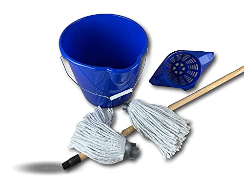 Ensemble balai à franges espagnol lave sol | Livré avec 2 serpillières | Seau à récurer 10 litres avec panier essoreur à torsion | Manche en bois longueur 1,20 avec vis et accroche | Kibros 105715BIS