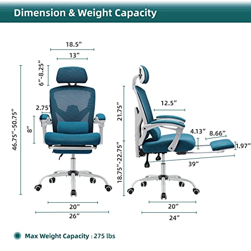 Image of DUMOS Home Office Desk Chair with Footrest, High-Back Mesh Rolling Swivel Reclining Chairs with Wheels, Comfortable Headrest, Lumbar Support, Comfy Arms for Home, Office, Gaming, Student, Elegant Blue