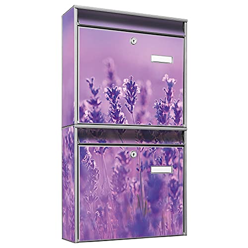 banjado Briefkastenanlage 2 Fach - 2 Briefkästen 36x64x10cm groß - Doppelbriefkasten Set - Namensschild, 2 Schlüssel, Montagematerial - Stahl verzinkt Silber - Motiv Lavendelmeer