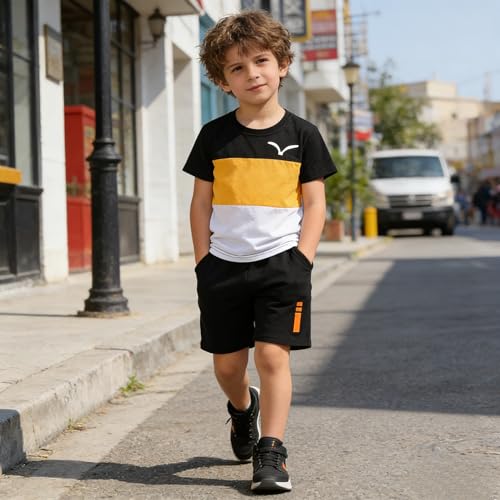 Image of Yoxindax Toddler Kid Boy Clothes Colorblock Letter Graphic Tee Shorts 2PC Summer Outfit Set