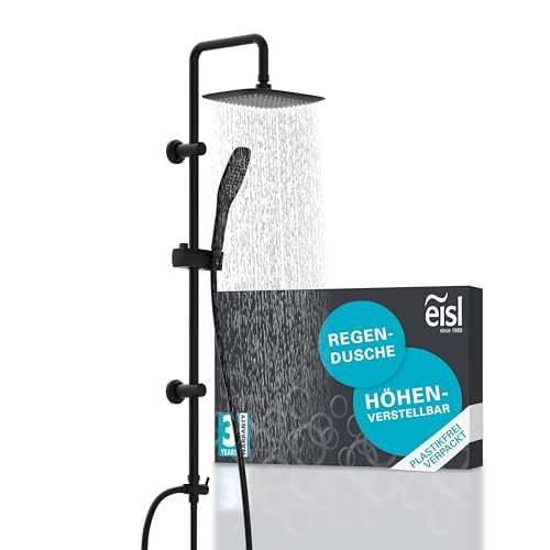 EISL EASY FRESH Duschset schwarz, Duschsystem ohne Armatur 2 in 1 mit großer Regendusche (250x200 mm) und Handbrause ohne Armatur zum Nachrüsten, komplettes Montageset DX12006BL-A