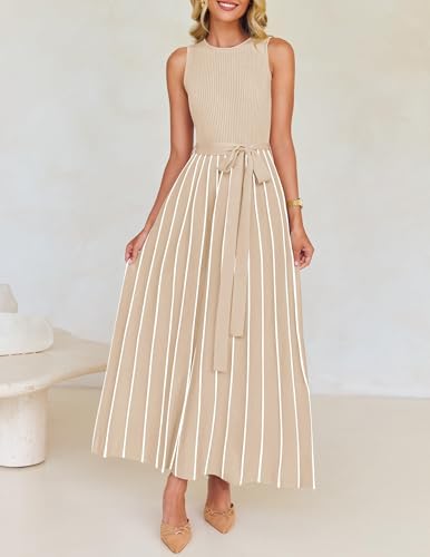 ZESICA Women's Summer Sleeveless Maxi Dress 2025 Crewneck Ribbed Knit Tie Waist Casual A Line Sweater Dresses2