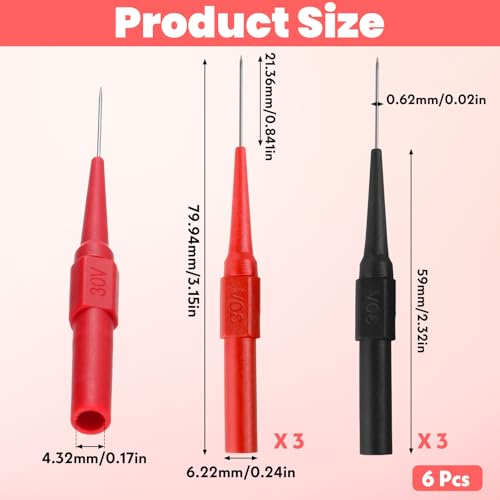 Giantree 4Pcs 0.7mm Test Probe Pins, Stainless Steel Back Probe Pins Kit, Non-Destructive Insulation Wire Piercing Test Leads, Super Tip Multimeter Probes for Socket Plug, Car Tester (Black & Red)