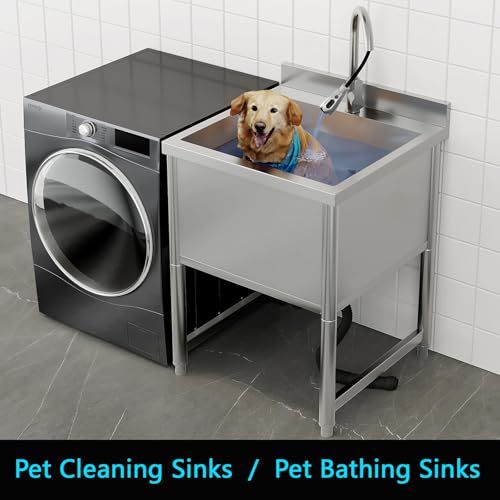 Stainless Steel Commercial Restaurant Sink, Freestanding Large Commercial Sink with Pull-out Faucet for Kitchen Dishwashing, Thawing, Pet Cleaning, Laundry Room, 23.6"D x 21.6"W x 36.8"H - Thumbnail 5