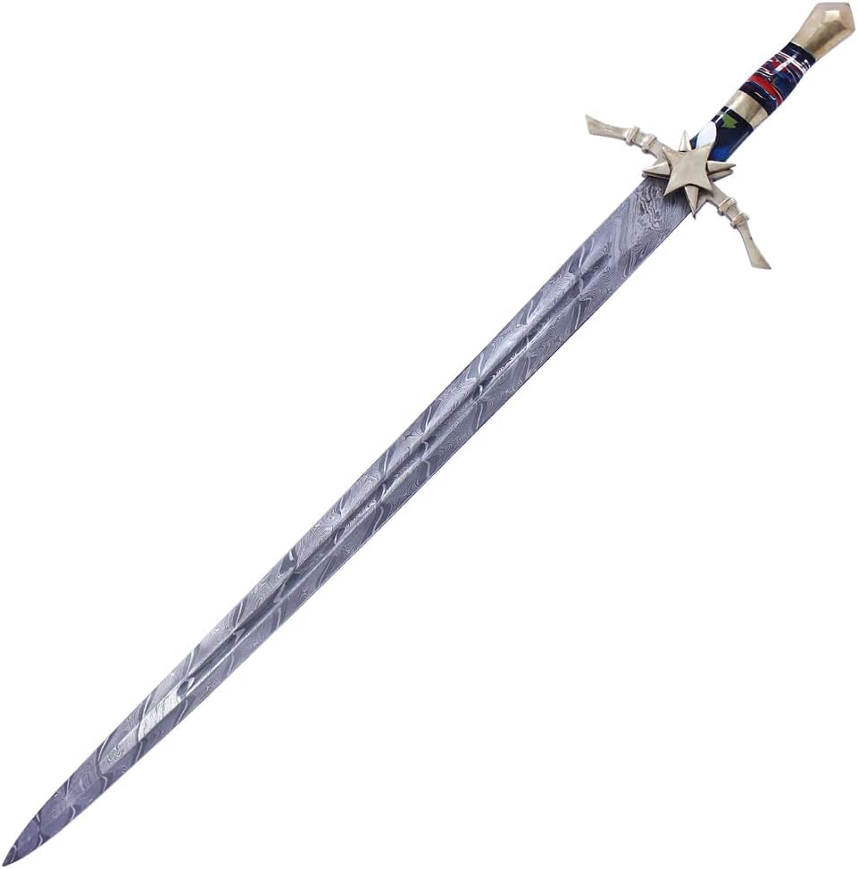 TheBoneEdge 40" Damascus Blade Star Style Multi Resin Handle Sword with Genuine Leather Sheath