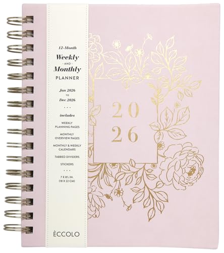 WORLD TRAVELER 2026 Planner Weekly and Monthly - 7'' x 8.75'' Hard Cover January December Spiral Daily Planner 2026 To Do List, Size 7X8.75, White/Golden Peony