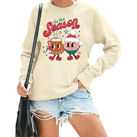 ALLTB Christmas Sweatshirt for Women Tis The Season Shirt Christmas Cake shirts Xmas Holiday Cute Long Sleeve Tops Beige Cover