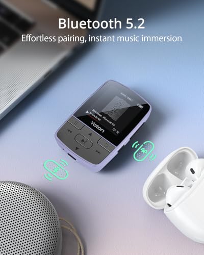 Image of Yoton MP3 Player with Bluetooth 5.2, Expandable to 64GB, Mini Size, HiFi Music, with Sports Clip, FM Radio, Includes Headphones, Purple(No TF Card Included - Insert Card to Use)