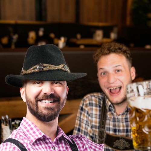 Image of German Oktoberfest Hat - 100% Wool Alpine Tyrolean Fedora with Edelweiss Pin & Rope - Charcoal Bavarian Hat for Men & Women