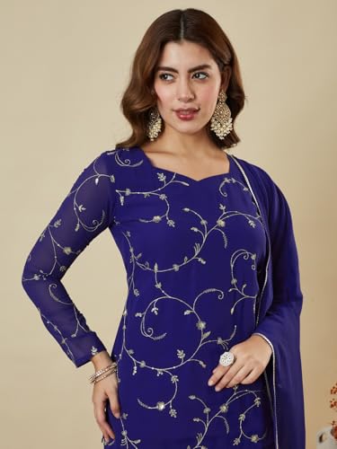 Image of MOKOSH Women's Georgette Short Kurti Palazzo with Dupatta | Short Kurti Set |Ethnic Kurta Set for Women | Sweetheart Neck Full Sleeve | Indian Kurta Outfit With Palazzo Pants