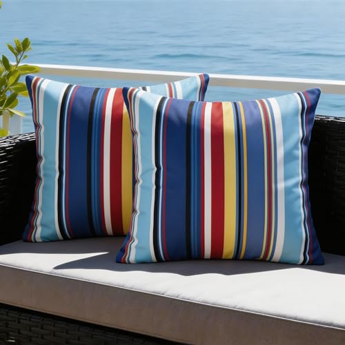 Pyonic Waterproof Outdoor Pillow Covers 18x18 Inch Set of 2 Costal Nautical Striped Outdoor Pillows for Patio Tent Beach,Navy Blue Red Yellow