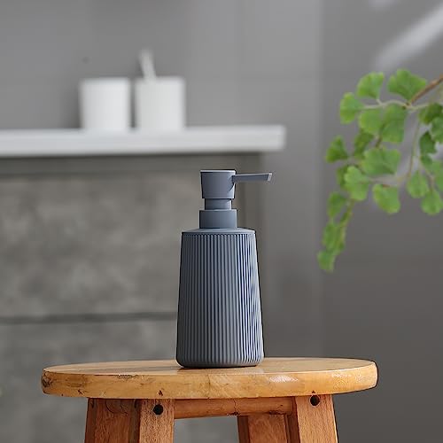 Image of Small Soap Dispenser for Bathroom and Kitchen, Modern Farmhouse Striped Style Plastic Hand Soap Dish Soap Dispenser with Pump Matte Gray
