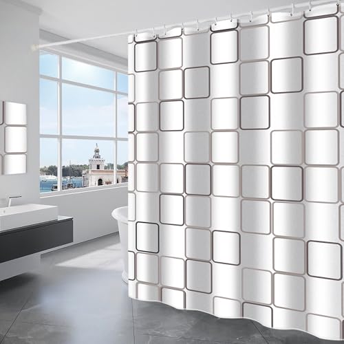 GRICOL Rideau de Douche Polyester Imperméable Tissu Lavable en Machine Rideau Salle de Bain avec 12 Crochets 180x200CM Blanc Carreaux