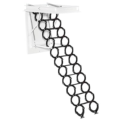 Topteng 11 Steps Attic Ladder Pull Down Attic Stairs 3M/9.8FT Retractable Loft Ladder Ceiling Mounted Alloy Folding Ladder with Pull Rod 660LB, 39.4 * 27.6" Ideal for Attics, Lofts, and High Ceilings