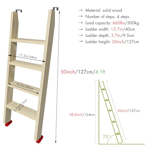 Image of 50 inch 55 inch 60 inch Black Wood Bunk Bed Ladder, Lofted /Dorm /RV Bed Bunkbed Ladders with 4in Extra Wide Steps and Non-Slip Pads, Replacement Wooden Ladder for Motorhome /Camping (Wood Color, 50in /127cm)