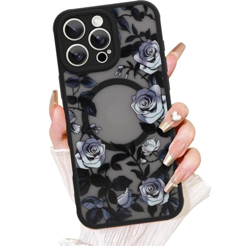 AIGOMARA for iPhone 15 Pro Case, Compatible with MagSafe, Cute Rose Flower Pattern with Semi-Transparent Frosted Phone Case for Woman Gilrs Soft TPU and PC Back Protective Slim Phone Cover Black by AIGOMARA - Used condition - US$13.48
