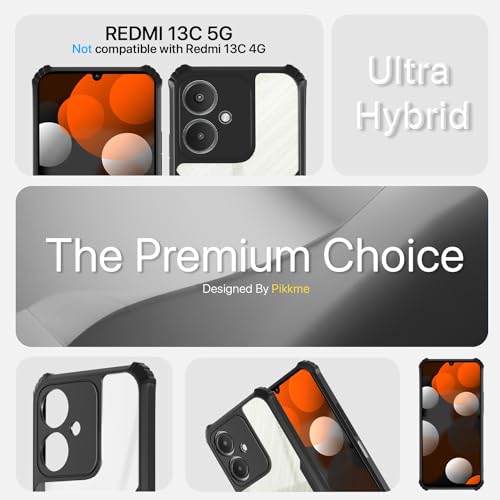 Image of Pikkme Redmi 13C 5G Back Cover | Crystal Clear Transparent Back | Ultra Hyrbid | Full Camera Protection | Raised Edge | Bumper Back Case (Black)
