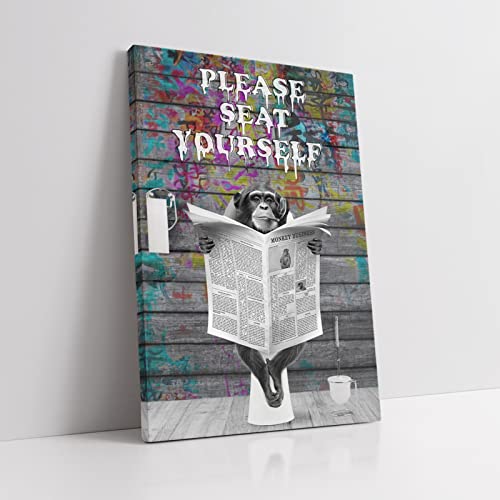 Funny Monkey Canvas Wall Art Black And White Pictures Farmhouse Bathroom Wall Decor Monkey Sitting In Toilet Reading Newspaper Painting For Toilet Bathroom Animals Artwork Framed #TOP9