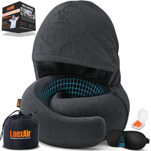 Hooded Pro Travel Pillow - Memory Foam Neck Support Pillow with Hood for Airplane, Flight - 100% Cotton Fabric, Maximum Privacy & Light-Block Design,
