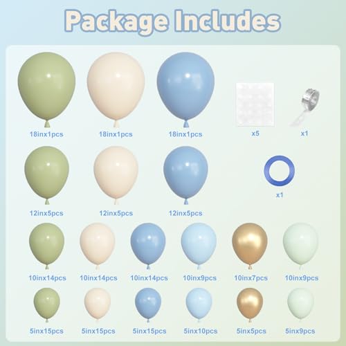 Image of Ouddy Life 157 Pcs Sage Green and Blue Balloons Garland Arch Kit, Dusty Blue Green Sand White Metallic Gold Balloon Different Size for Boho Bridal Baby Shower Birthday Anniversary Party Decorations