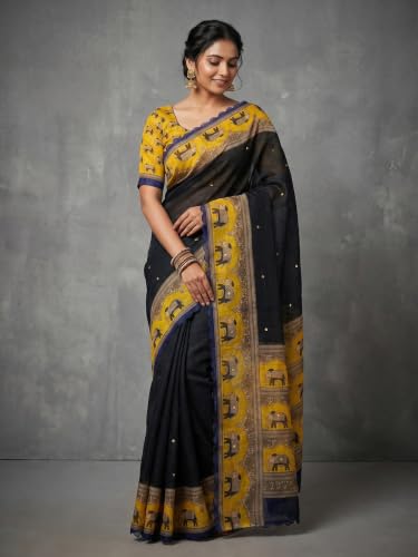 Image of Women's Linen Cotton Blend Saree Multicolor Ikat Brush Print Scalloped Border with Floral Print Unstitched Blouse Piece