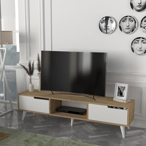 [en.casa] Meuble TV Support Télé 2 Portes Compartiment de Rangement Ouvert Passe-Câble Stable Élégant Moderne Salon Séjour Chambre Panneau de Particules 160 x 35 x 40 cm Effet Chêne Blanc – vue 3