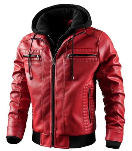 Image of FTIMILD Men's Leather Jacket Motorcycle Jacket Windproof PU Vintage Bomber Jacket with Removable Hood