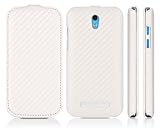 DONZO Handyhülle Flip Cover Hülle für das HTC Desire 500 in Weiß Flip Carbon-Style als Etui seitlich aufklappbar im Book-Style