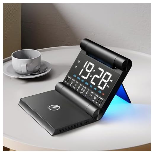 Alarm Clock with Wireless Charging for bedrooms, Heavy Sleepers, Travel, Teens, Digital Smart Desk Clock, Dual Alarms, 4 Level Brightness, Foldable Design,Build-in Battery