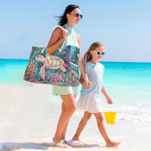 Image of Beach Tote Bags for Women, Turtle Flower Starfish Large Beach Shoulder Bag Pool Bags Purse