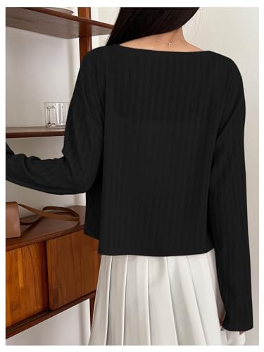 Image of MakeMeChic Women's Long Sleeve Button Open Front Lightweight Cropped Cardigan Sweaters Black Small