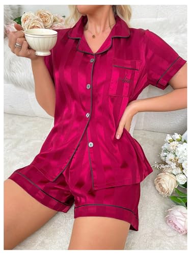 Image of SHENHE Women's 2 Piece Satin Pajama Set Leopard Short Sleeve Button Down Pj Shorts Set Burgundy Stripe Small