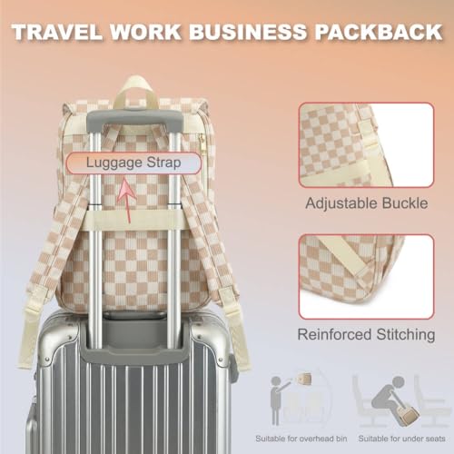 Image of Women Laptop Backpack, Corduroy 15.6 inch Travel Backpack for Work College Business, Teacher Nurse Bag with Large Capacity School Bookbag Bags for Girls - Checkered Brown