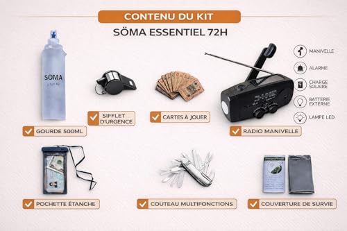 SÖMA Urban Kit - Kit de supervivencia 72h Completo Apartamento & Ciudad - Bolsa de evacuación impermeable con radio dinamo solar, cargador de teléfono, lámpara y cuidado - Ideal para emergencia, corte - imagen 4