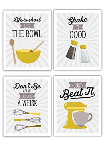 Retro Vintage Kitchen Wall Art Prints - Mustard Yellow/Gold, Gray, White Set of 4-8x10 UNFRAMED Kitchen Utensil Prints Perfect for Rustic, Modern Farmhouse, Country Decor.