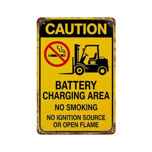 Caution Battery Charging Area Tin Sign - No Smoking Workplace Distressed Metal Wall Decor