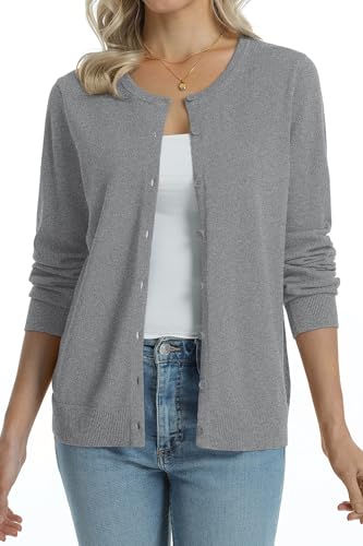 Image of QUALFORT Women's 100% Cotton Lightweight Cardigans Long Sleeve Knitted Button Down Sweater