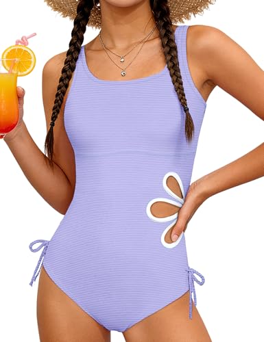 Image of KANGKANG Girls Swimsuit Solid Color Cut Out One Piece Bathing Suit with Chest Pad Adjustable Strap Round Neck Girls' Swimwear