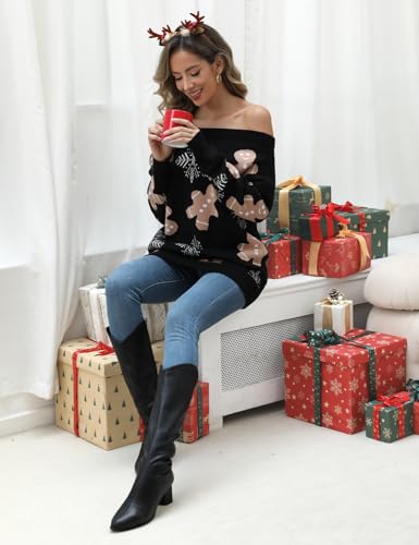 Image of VIMPUNEC Womens Christmas Off The Shoulder Sweater Oversized Pullover Sweaters Cable Knit Chunky Tops Christmas Black M