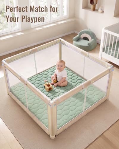 Image of Blissful Diary Baby Play Mats for Floor, 59x59 Inch Thicker and Larger Soft Cushioning Foam Playmats for Babies and Toddlers, Foldable Washable Baby Playpen Mat, Sage Green