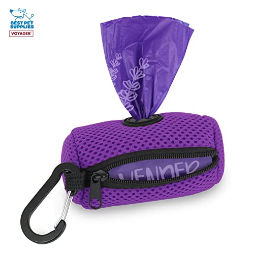Image of Best Pet Supplies Dog Poop Bag Holder Leash Attachment with Reusable Dispenser for Travel, Walking, Park, and Outdoor Use, Durable with Clip-On - Purple, Mesh Dispenser w /15 Bags