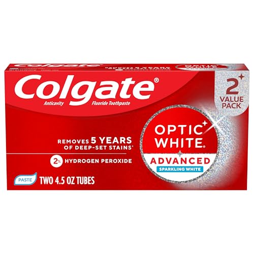 Colgate Optic White Advanced Sparkling White Toothpaste with 2% Hydrogen Peroxide and Fluoride, Teeth Whitening Toothpaste, Deep-Set Stain Remover, Mint Flavor, 2 Pack, 4.5 OZ