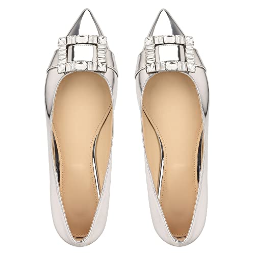 Juliet Holy Womens Flats Pointed Toe Slip On Rhinestone Buckle Wedding Office Dress Loafers Silver #TOP3
