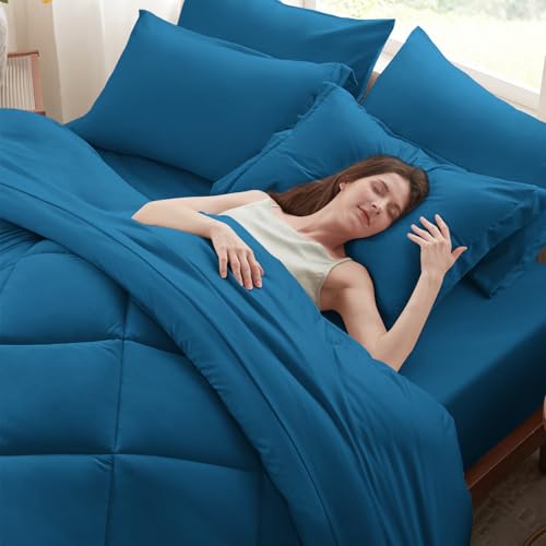 Anluoer Queen Comforter Set,Teal Bed in a Bag 7 Piece,Lightweight Bedding Set with Soft Down Alternative Fill,Bed Set Includes Comforter, Fitted Sheet, Flat Sheet,Pillowcases and Shams
